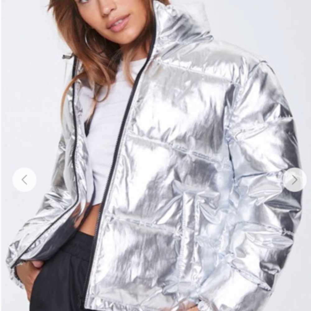 Forever 21 silver/hologram Puffy Coat, Size S